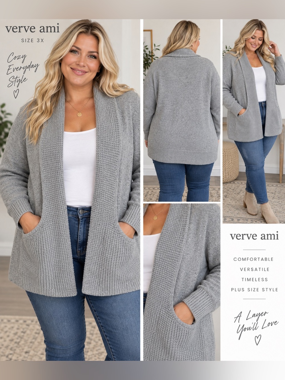 Verve Ami Light Gray Open-Front Knit Cardigan